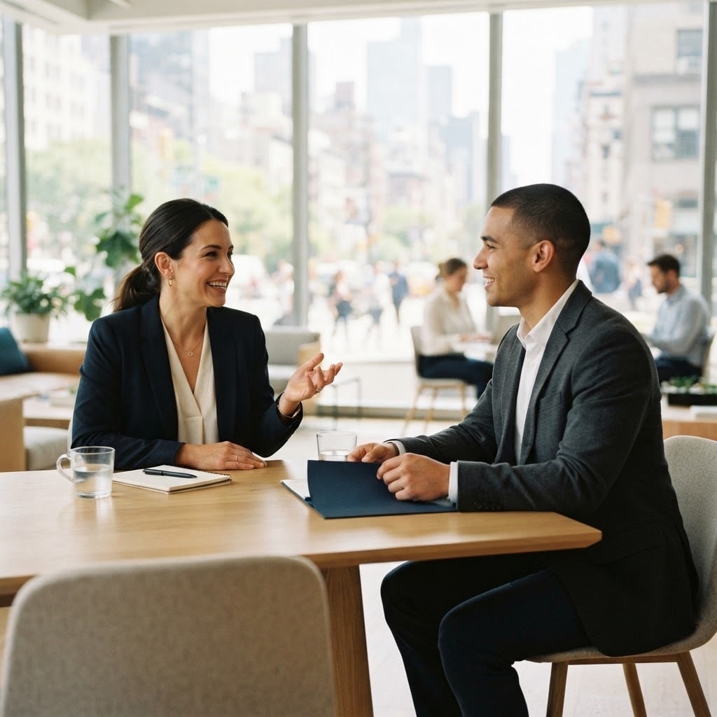 A hiring manager and candidate in conversation during an interview
