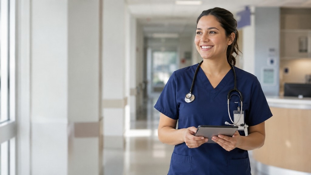 A healthcare professional standing in a hospital corridor