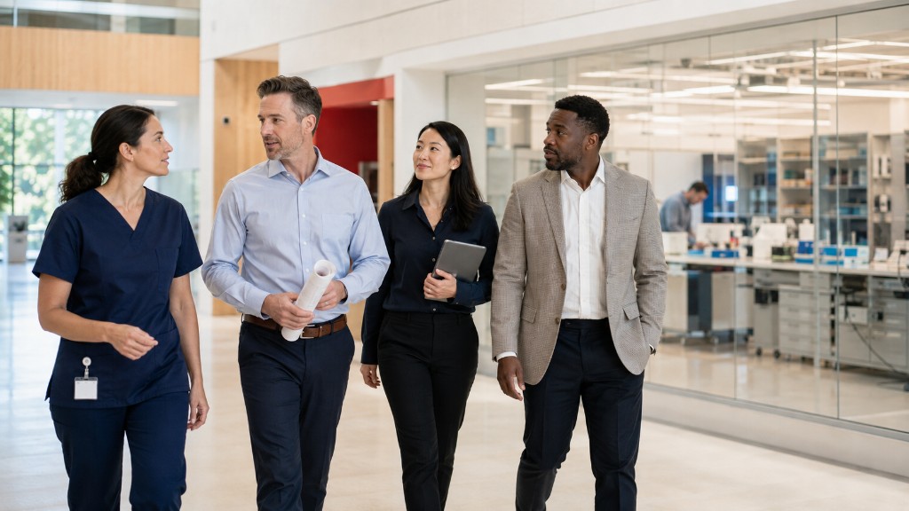 Professionals from healthcare, engineering, technology, and business walking together in a modern workplace